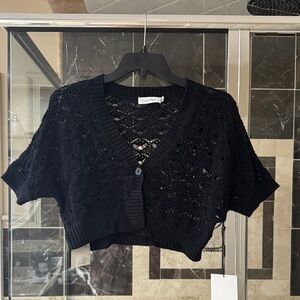 Calvin Klein Black Cropped Open-Knit V-Neck Cardigan